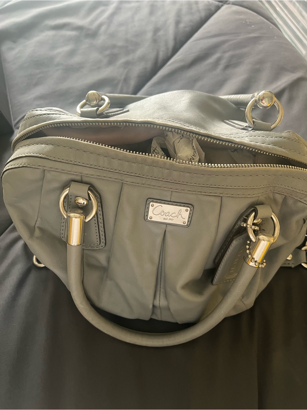 Coach Slate Gray Leather Satchel with Gold-Tone Hardware